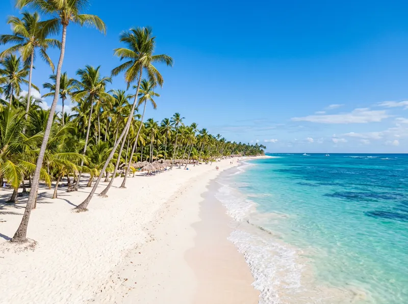 Playa de arena blanca y palmeras en Punta Cana